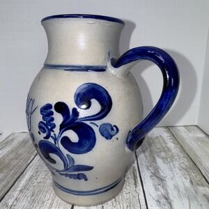 Vintage German Cobalt Blue Salt Glazed Stoneware Handarbeit  Etched Floral 6.5"